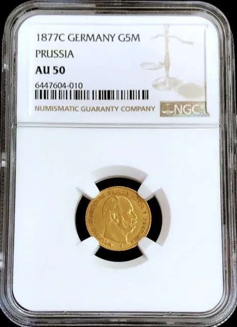 1877 C Gold German State Prussia 5 Mark Kaiser Wilhelm Coin Ngc About Unc 50