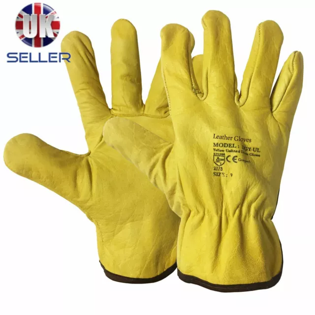 2 X Soft Leather Lorry Drivers Safety Work Gloves Fleece Lined Mens DIY Quality