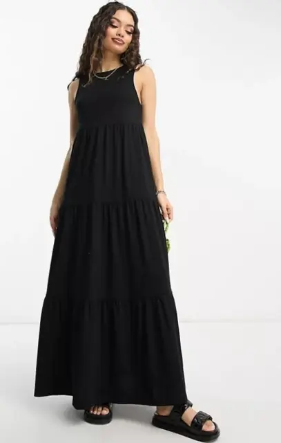 NEW Black Sz 8 Sleeveless Stretchy Cotton Open Back Tiered Boho Maxi Dress ASOS