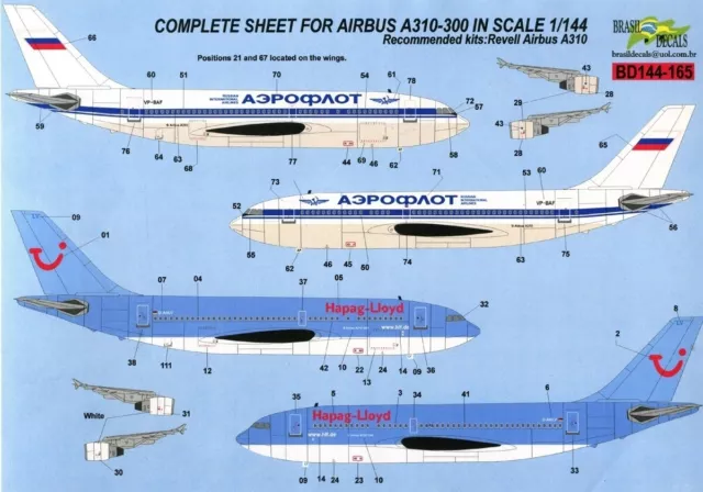 Airbus A310 Aeroflot Hapag Lloyd Brasil Decals BD144-165 1/144