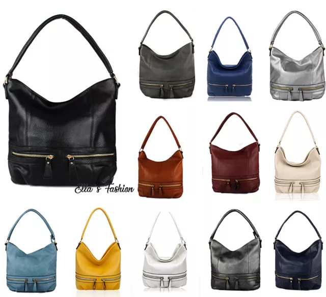 New Women 2 Front Pocket  Large Faux Leather Tote Hobo Bag Lady Shoulder Handbag