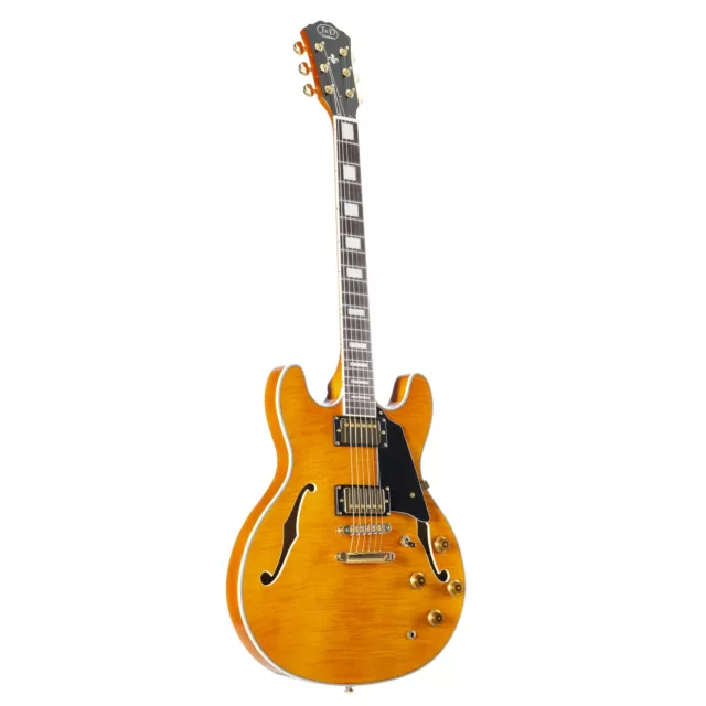 J&D SH 40 TA Halbakustik E-Gitarre, Transparent Amber, Riegelahorn-Furnier, 22 B