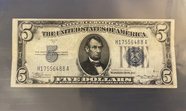 1934 A 5 Five Dollar Note Bill Silver Certificate Blue Seal