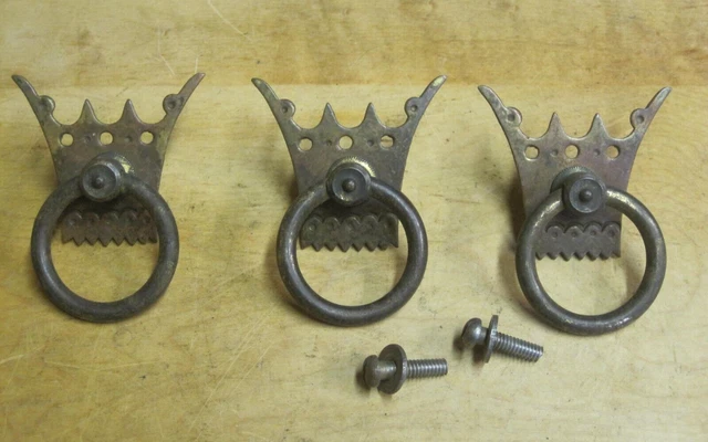 3 Antique Eastlake Victorian Brass Drop Ring Drawer Pulls - "Crown" Backplate