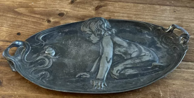 WMF Art Nouveau pewter card tray child with snail German c.1905