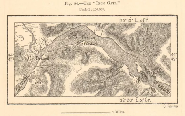 The Iron Gate. Orsova Danube. Romania Serbia. Sketch map 1885 old antique