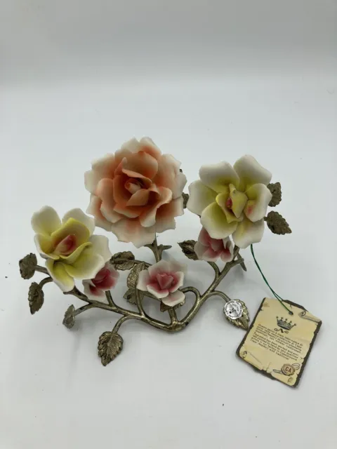 Vintage Capodimonte Italian Porcelain Rose Flowers Metal Leaf Stand