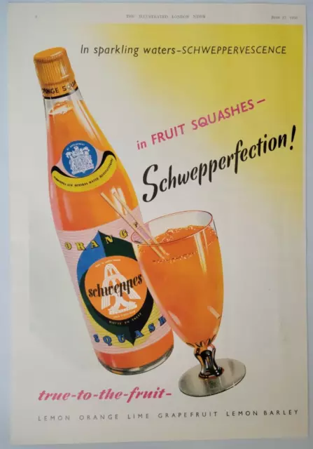 Schweppes Orange Fizzy Drink Soda Fruit Squashes Ad 1950 ILN 9.5x14.5"