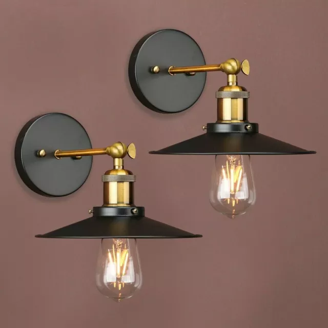 Pair Retro Industrial WalL Sconces Metal Lampshade Loft Antique Brass Lights