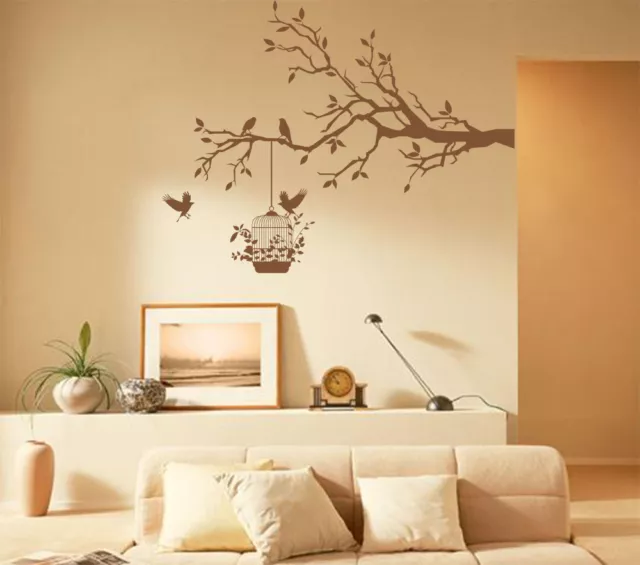 'Tree Branch, Birds & Cage' Art Vinyl Wall Sticker, DIY Wall Decal- HIGH QUALITY