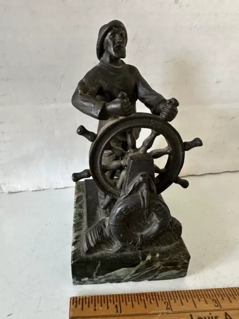 Antique Paperweight Red Star Line Old Salt Fisherman at Ship’s Wheel Marble Base