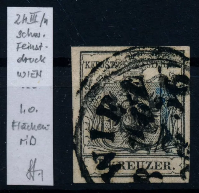 ÖSTERREICH 1850 2kr, schwarz, HP, Type III. FEINSTDRUCK! WIEN. Bestimmung!