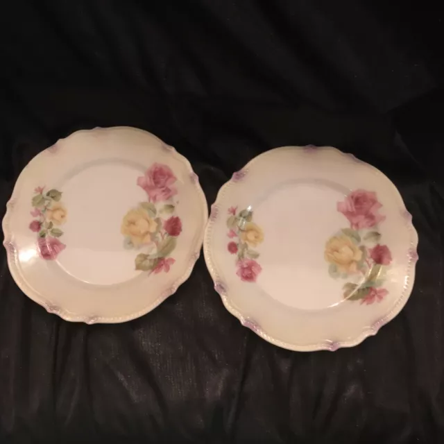 Set Of 2 P K Silesia China Dessert Plates Pink & Yellow Roses 6”