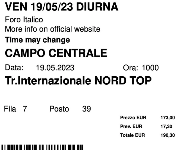 vendo biglietti per gli Internazionali di tennis di Roma, sessione diurna 19.05