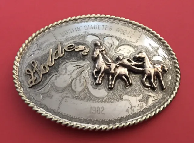 Vintage 1982 Bustin Diabetes Rodeo Custom Golden Steer Signed Trophy Belt Buckle