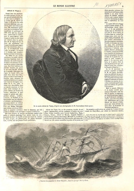 Portrait of Alfred de Vigny by Nadar/Shipwrecked Great Republic ENGRAVING 1857