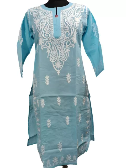 Kurti tradicional indio, vestido bordado Chikankari Kashmiri, Kurta largo...