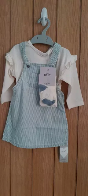 Baby Girls 3pc Striped Pinafore Outfit Age 9-12 Months From Marks And Spencer...