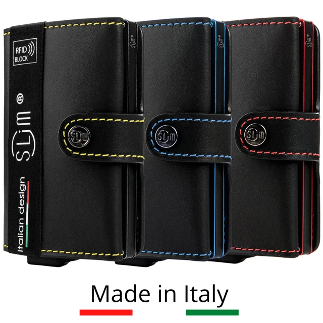Moneyhold Portafoglio Slim Uomo In Eco-pelle Blu, Porta Carte Con Tecnologia RFID, Fino A 10 Carte E Banconote, Made In Italy