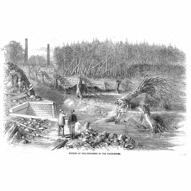 LONDON Hounslow Powder Mills Explosion Scene at the Press House - Old Print 1859