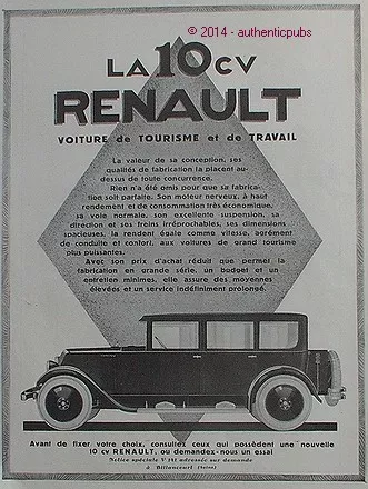 Publicite Automobile Renault La 10 Cv Voiture Tourisme Travail De 1927 French Ad