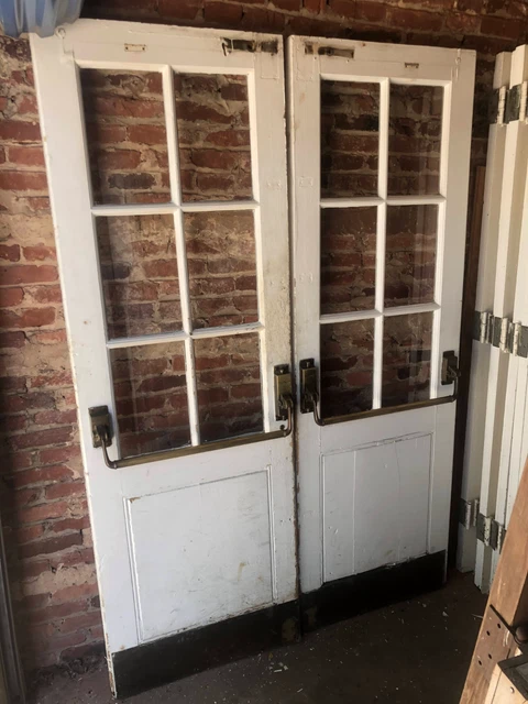 56x83 Antique Solid Wood 6-Pane Exterior Swinging Doors / Brass Pushbar Hardware