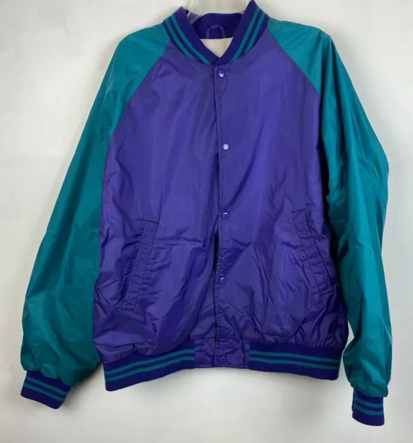 Vintage Nylon Jacket Sz L Mens Snap Purple Turquoise Movie Lined Windbreaker
