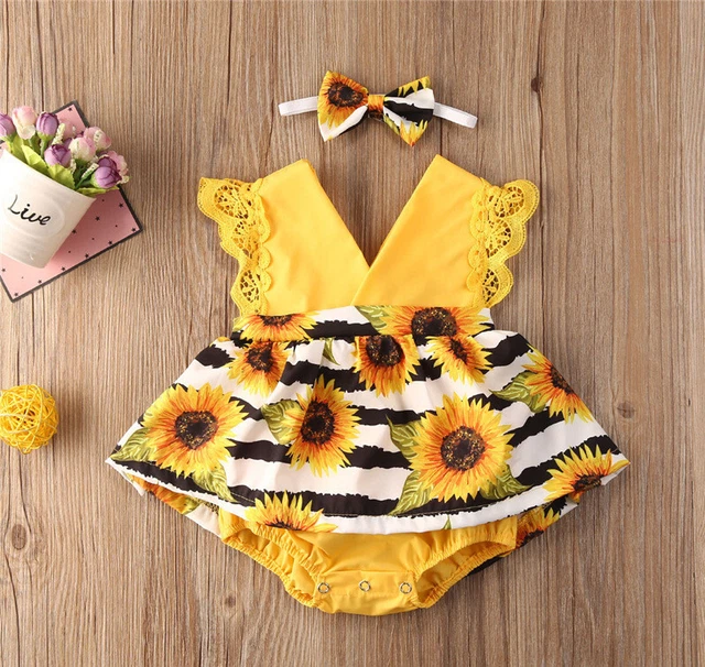 Newborn Baby Girls Sleeveless Printed Romper Jumpsuit+Headband 2PCS Set Outfits