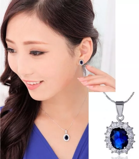 18" Sparking Silver Opal Cut Created Blue Sapphire Pendant Necklace Gift Box P25