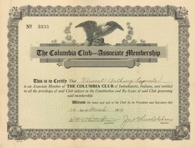 Columbia Club===Associate Membership - Stock Certificate - Clubs