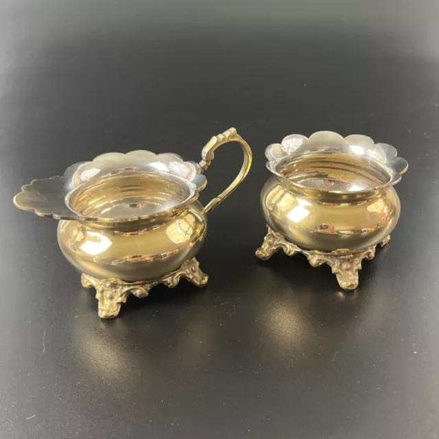 Vintage Solid Brass Footed Cream & Sugar Bowl Set Creamer MCM Hollywood Regency