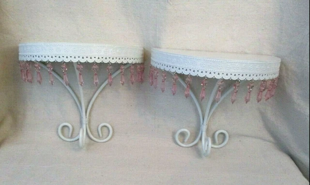 2 Half Moon White Metal Wall Shelves W/Pink Acrylic Hanging Crystals