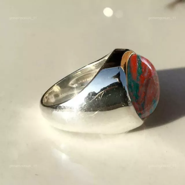 Natural Bloodstone/Heliotrope Gemstone Band Ring Size 8 925 Sterling Silver