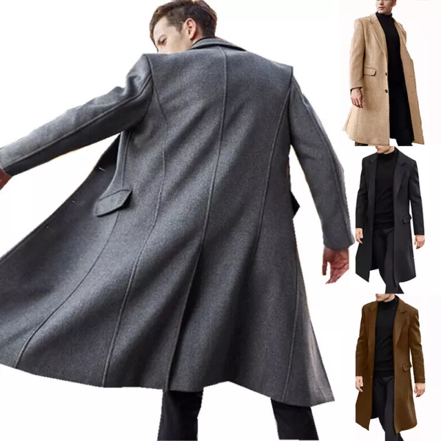 Men Trench Coat Long Jacket Lapel Neck Outwear Single Breasted Overcoat S-3XL*UK