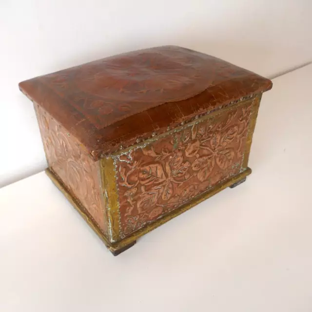 Vintage Arts & Crafts Leather top copper brass stool sewing box. Conkers pattern