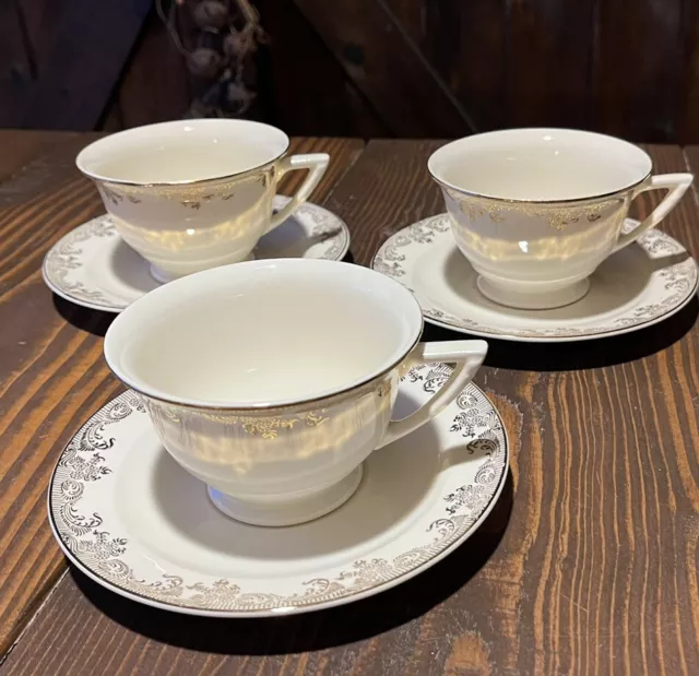 1930's Edwin Knowles China Hostess 22K Gold Floral Scroll 3 Teacups and Saucers