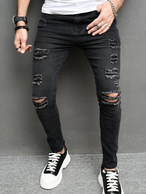 Pantalones Para Hombres De Vestir Elegante Moda Vaquero Rasgados Jeans  Pantalón 