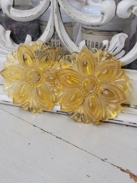 2 Antique Victorian Pressed Glass Curtain Tie Backs In Amber Medallion Flowers