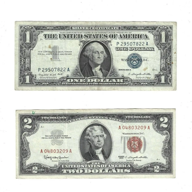 1957A $1 Silver Certificate P 29507822 A 1963 $2 Red Seal A 04803209 A Lot B7