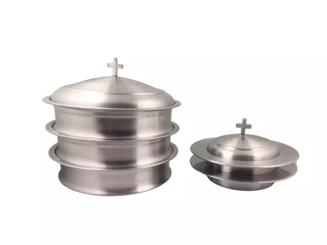 3 Communion Trays with A Lid & 2 Stacking Bread Plates with A Lid - Silver Matte