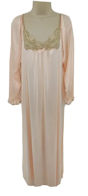 Vintage Val Mode Soft Peach Delicate Lace Elastic Cuff Silky Nylon Gown Medium