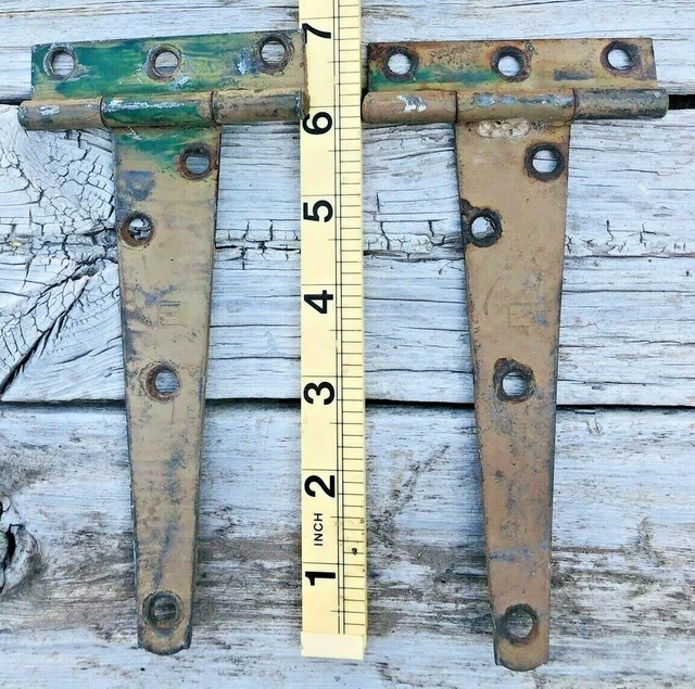 Vintage Pair of Steel T Strap Hinges Paint Rusty, 7" x 3-1/4"