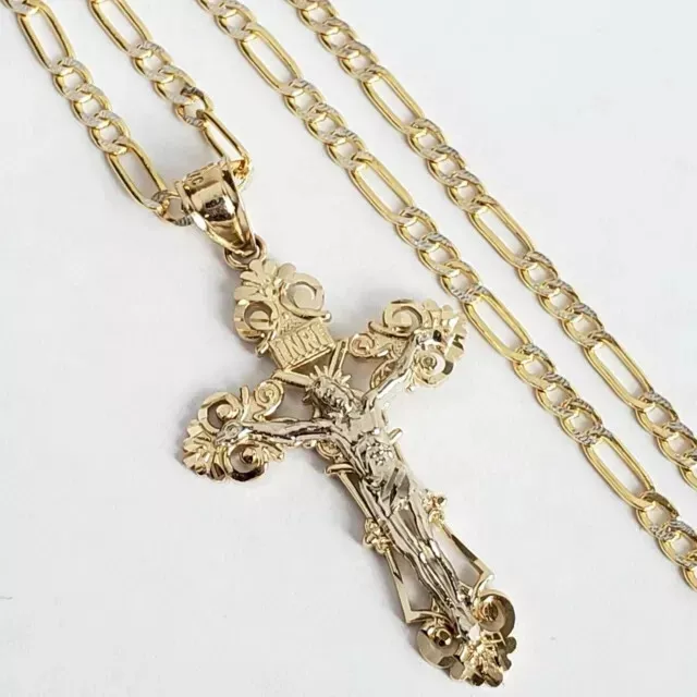 14k Yellow Gold Jesus Crucifix INRI Cross Pendant 1.45 inches Long 2 Tone