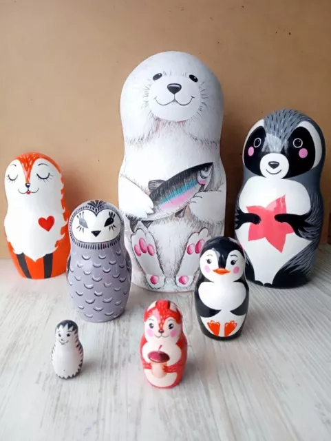 Animal Nesting Dolls para niños Set de 7 muñecos de madera pintados a mano 3