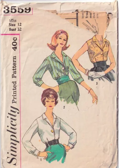 Simplicity Sewing Pattern 3559 Blouse Shirt 12 French Cuffs Top Vintage 1960s