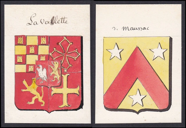 19. Siglo La Valette De Maussac Francia Escudo Abrigo De Arms Acuarela