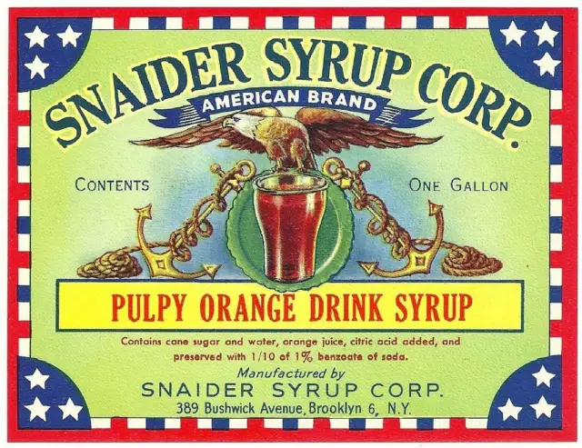 Vintage Label Snaider's Pulpy Orange Soda Snaider Syrup Co. Brooklyn, New York