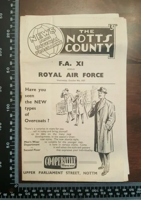 Notts County Football Programme F.A. XI vs. Royal Air Force  9/10/1957 Vintage