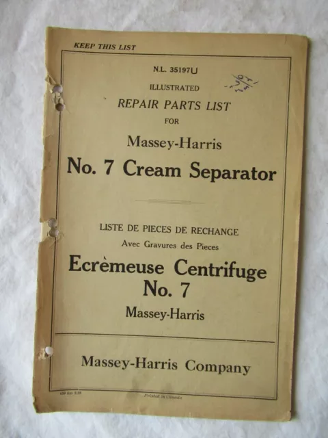 1935 Massey-Harris No.7 Cream Separator Repair Part Catalog