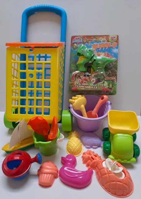 Giocattoli Da Spiaggia Per Bambini Set 15 Pz+Sparabolle Dinosaur Con 2 Ricariche